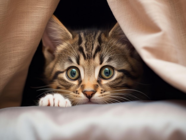 adorable kitten peeking out from behind a curtain