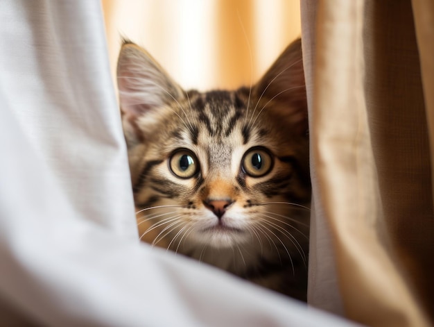 adorable kitten peeking out from behind a curtain