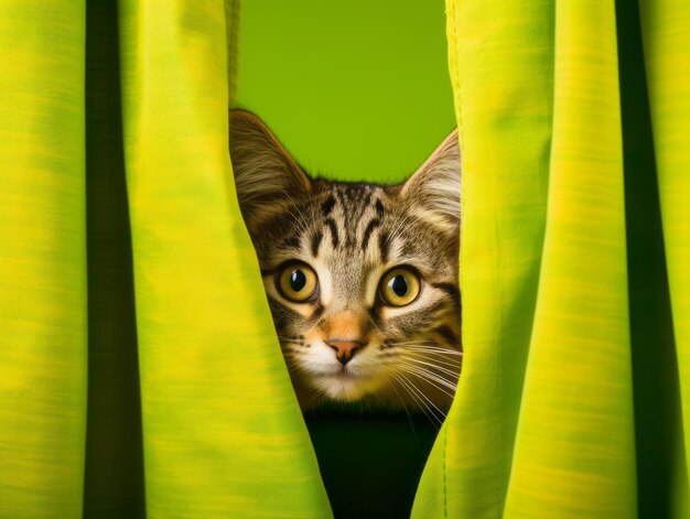 Adorable kitten peeking out from behind a curtain