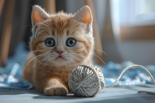 Adorable kitten playing with yarn