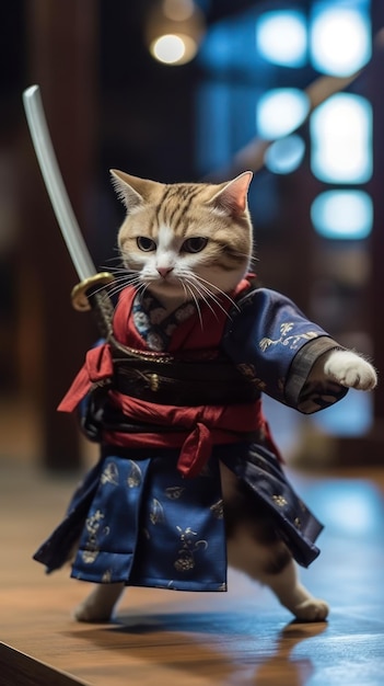 Adorable Kitten in Samurai Costume Practicing Swordplay on Stage AI Generated