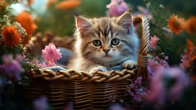 An adorable kitten sits on basket with tree with flowers in the background Generative AI