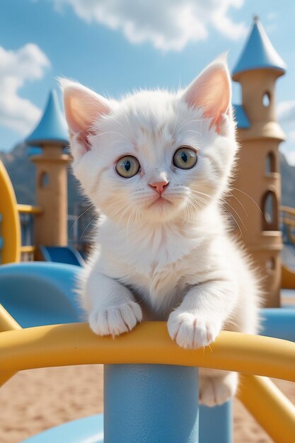파란 슬라이드 에 앉아 있는 사랑스러운 새끼 고양이
