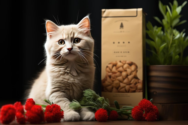 An adorable kitten sitting close to a package of tofubased cat litter