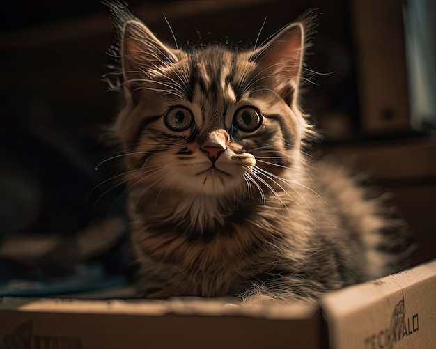 Adorable Kitten Sitting in a Colorful Cardboard Box Pet Photography