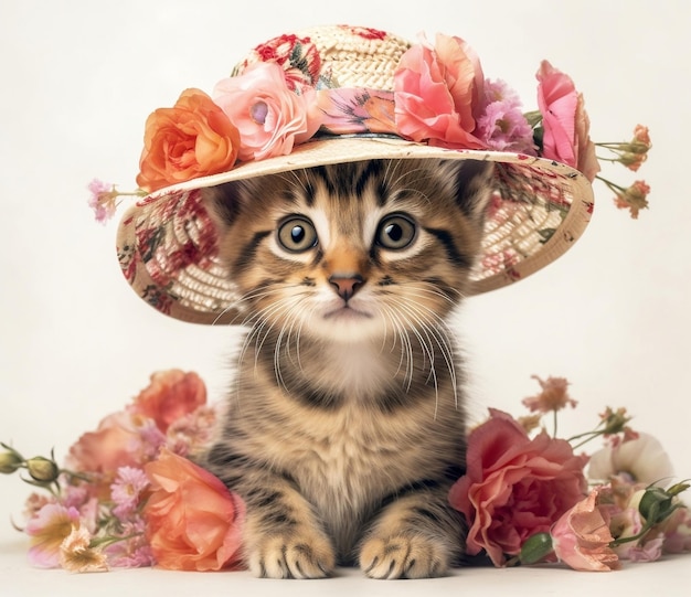 Adorable Kitten in a Straw Hat White Background