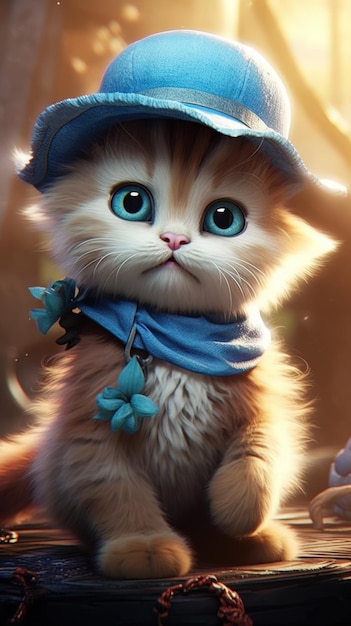 AI が生成した、青いボンネットをかぶった大きな青い目の愛らしい子猫