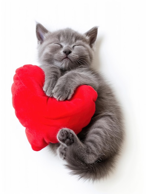 Фото Прекрасный котенок с закрытыми глазами, держащий плюшевое красное сердце, символизирующее любовь и заботу.