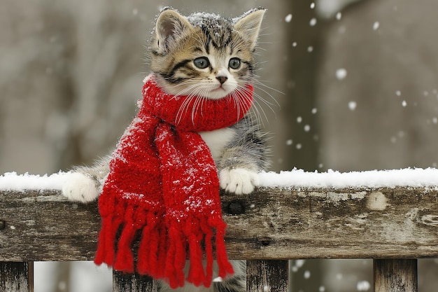 adorable kitten with red scarf on wooden fence