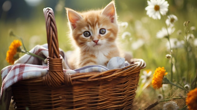 Adorable kittens in a basket Grass background