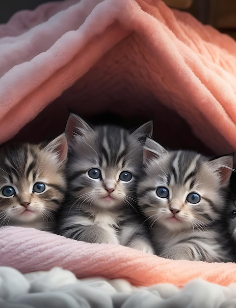 写真 居心地の良いブランケットフォートに寄り添う愛らしい子猫たち