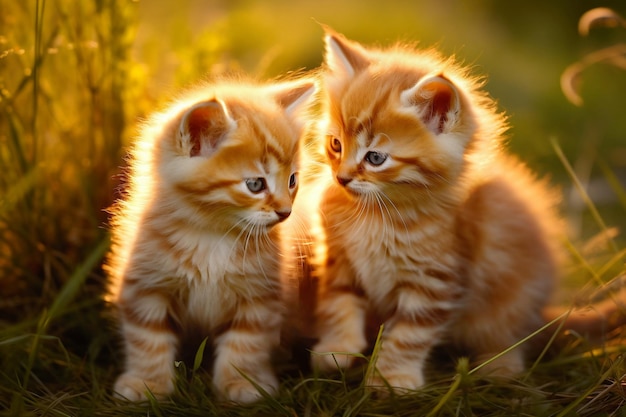 Adorable kittens play in sunset rays on the green lawn