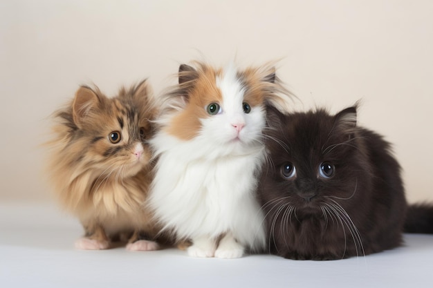 Adorable kittens with fuzzy hair sitting on a white surface with two guinea pigs