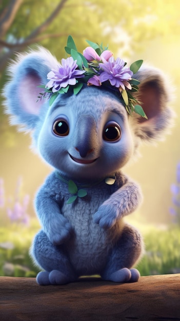 Adorable Koala Wearing Lavender Headband with Big Blue Eyes in Unreal Engine Style Generative AI