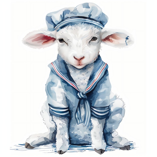 Adorable lamb in a sailor inspired outfit illustration watercolor for nursery for wall art