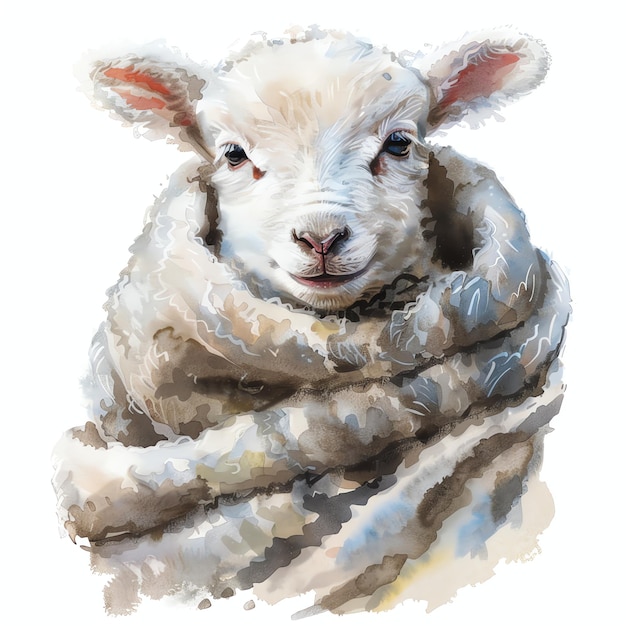 Adorable lamb wrapped in a soft illustration watercolor for nursery for wall art decor