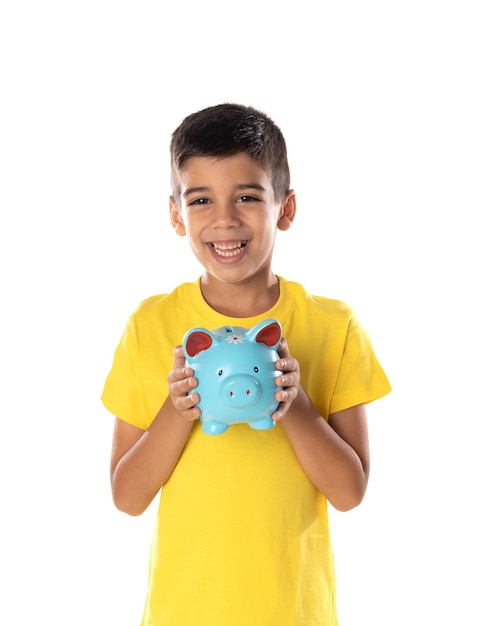 Adorable latin boy weraring a yellow t-shirt isolated on a white background