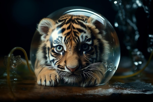 Adorable Lily Tiger in Glass Sphere Generative AI