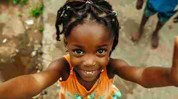 Photo an adorable little african girl with big brown eyes and a bright smile is looking at the camera