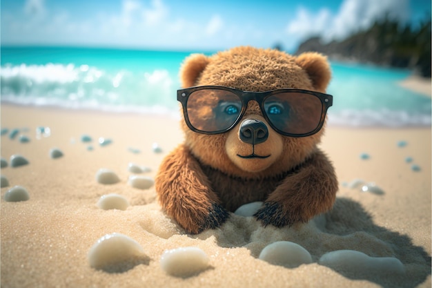 Foto adorabile piccolo orso con gli occhiali da sole sulla spiaggia