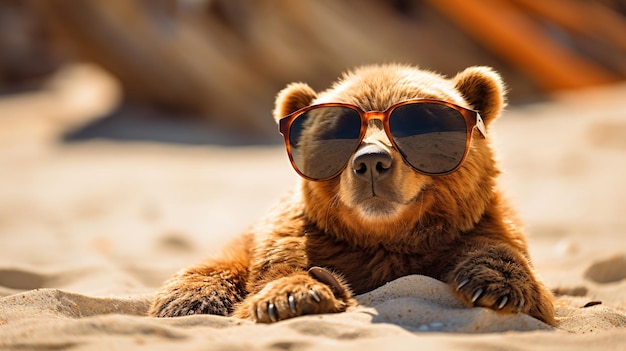 Adorable little bear in sunglasses on the beach