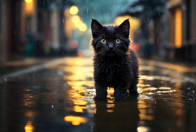 激しい雨の壁紙の下で路上に立っている可愛い小さな黒いふわふわの猫