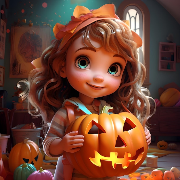 Adorable little blonde girl with long hair holding pumpkin basket at home