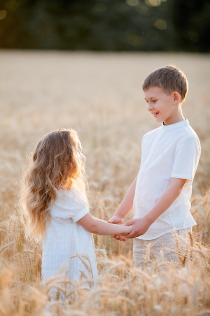 麦畑の夕暮れ時の太陽の下で愛らしい男の子と女の子外で幸せな子供たちが歩く暖かい夏の感情