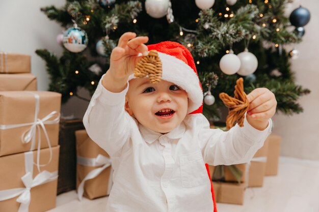 Adorabile ragazzino con il cappello di capodanno si siede su una coperta davanti all'albero di natale.