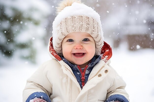 Photo adorable little boy playing in the snow