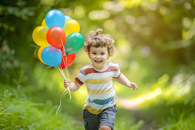 Adorable little boy running with colorful balloons in the park