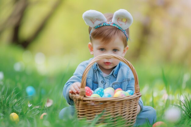 Adorable little boy wearing bunny ears on Easter egg hunt Happy easter