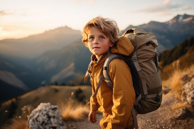 Adorable little boy with backpack hiking in mountains at sunset Travel and active lifestyle concept