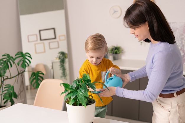 Фото Очаровательный маленький ребенок помогает своей матери, стоя у стола и поливая одно из зеленых домашних растений в цветочном горшке дома