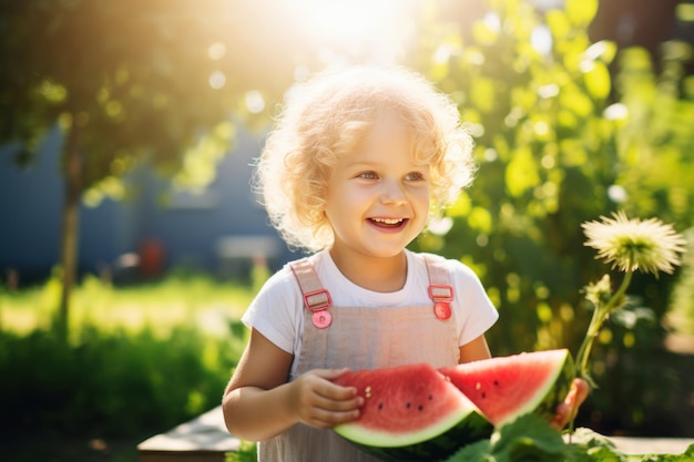 Adorable little child with blond hairs eating watermelon