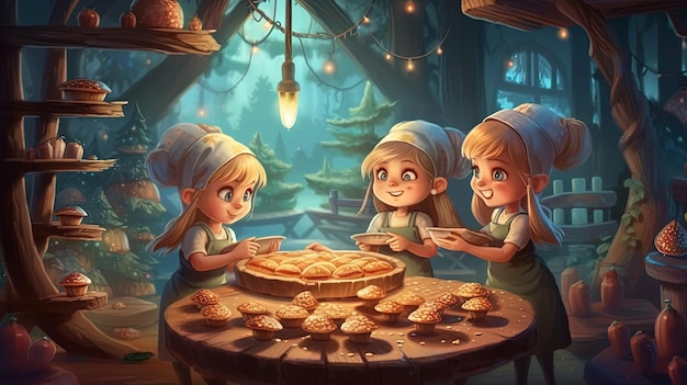 Adorable little elves baking cookies in a mystical treehouse Fantasy concept Illustration painting