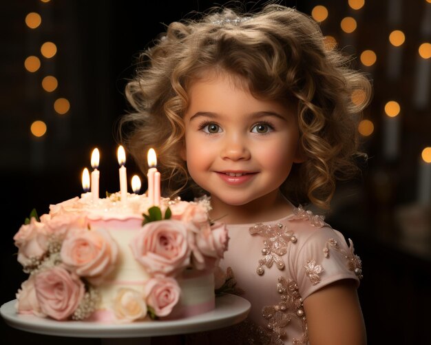 Adorable little european girl with a pink cake and roses flowers for a celebration birthday