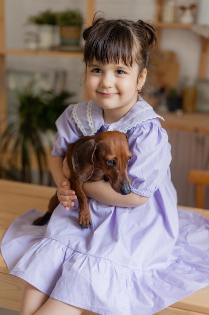 Adorable little girl in a beautiful dress plays with a dachshund dog in the kitchen and feeds her