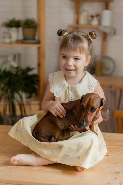 Adorable little girl in a beautiful dress plays with a dachshund dog in the kitchen and feeds her