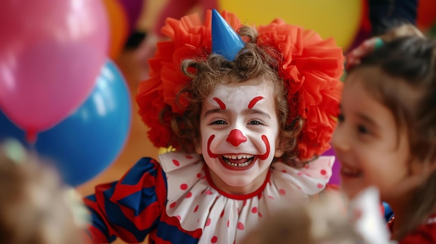Photo adorable little girl dressed as a clown for her birthday party she is wearing a red and white polka dot dress with a big red and blue clown hat