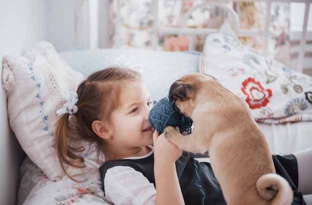 Bambina adorabile che alimenta pug sveglio. ha comprato un cucciolo. il migliore amico