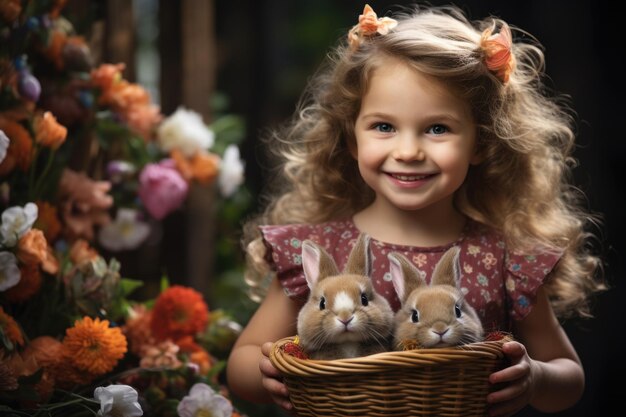 사랑스러운 작은 소녀는 이 많은 정원에서 다채로운 부활절 달의 바구니를 들고 있습니다.