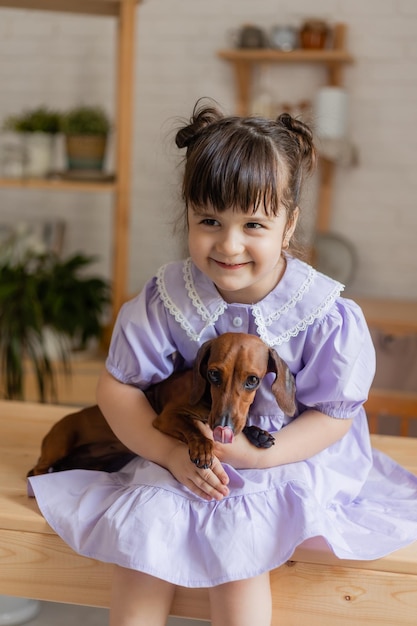 美しいドレスを着た愛らしい少女がキッチンでダックスフント犬と遊び、彼女に餌をやる