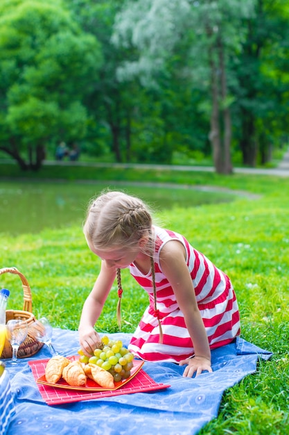 Adorable little girl on picnic outdoor near the lake