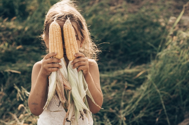 Adorable Little girl playing in a corn field on beautiful autumn day. Pretty child holding a cob of corn. Harvesting with kids. Autumn activities for children.