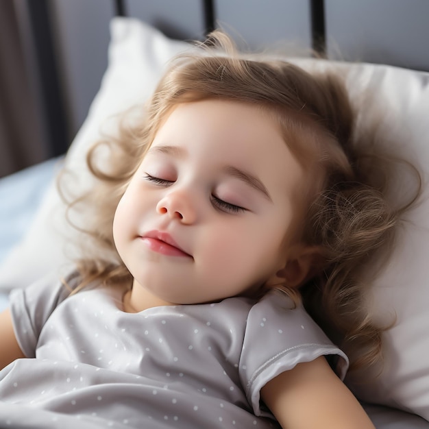 Adorable little girl sleeping with toy in her bed