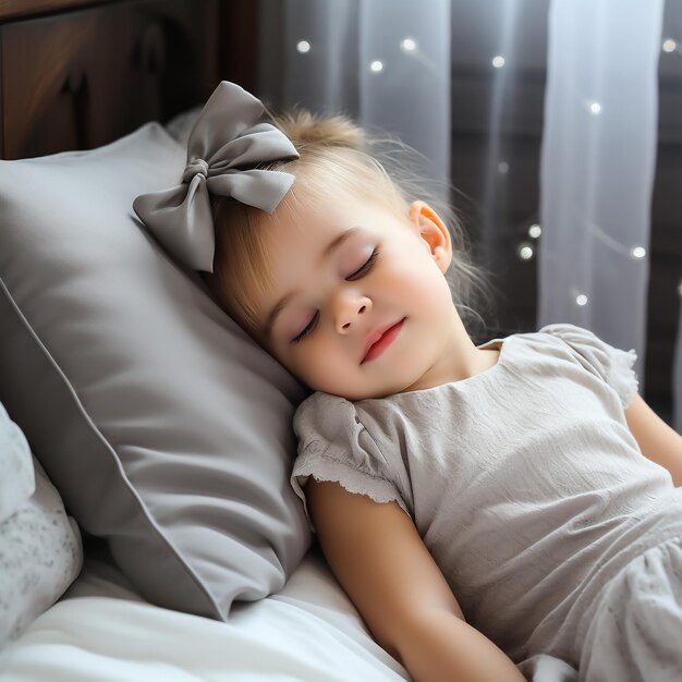 Foto una ragazzina adorabile che dorme con un giocattolo nel letto.