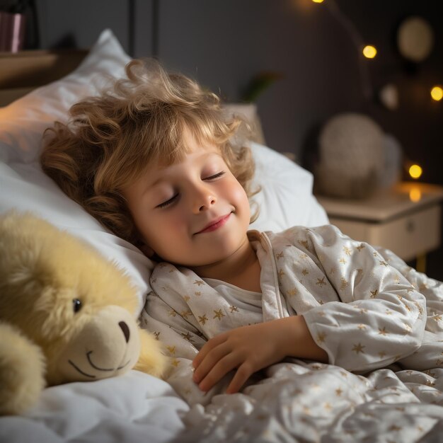 Adorable little girl sleeping with toy in her bed