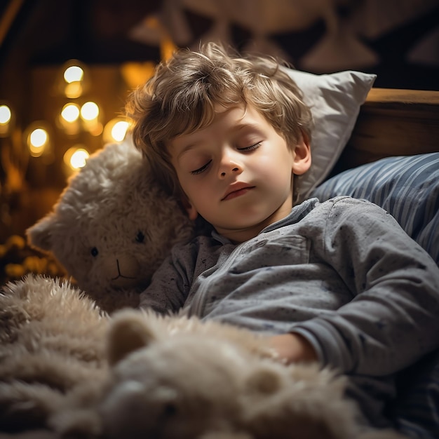 Adorable little girl sleeping with toy in her bed