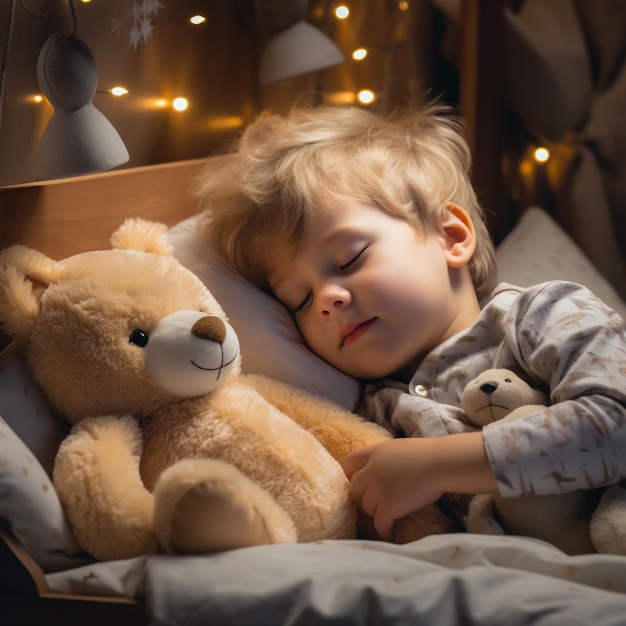 Adorable little girl sleeping with toy in her bed